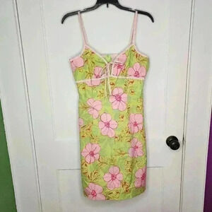 Juniors Size 9 Sfuzi Y2K Green / Pink Floral Cotton Dress